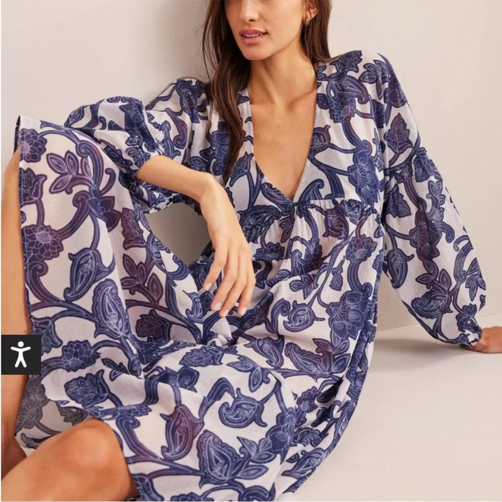Boden US 14 Sarah Kaftan Dress Blue 0298 Ribbon maxi Paisley Whirl long sleeve - Picture 1 of 12